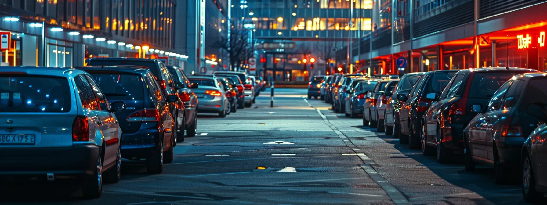 ein hell erleuchteter parkplatz in hamburg, umgeben von modernen gebäuden, wo zahlreiche fahrzeuge sicher und ordentlich parken, vermittelt das gefühl von platz und erschwinglichkeit.